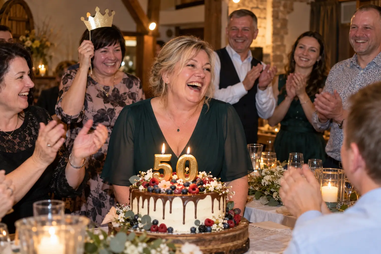 Jubilāre smaida pie torta ar skaitli 50