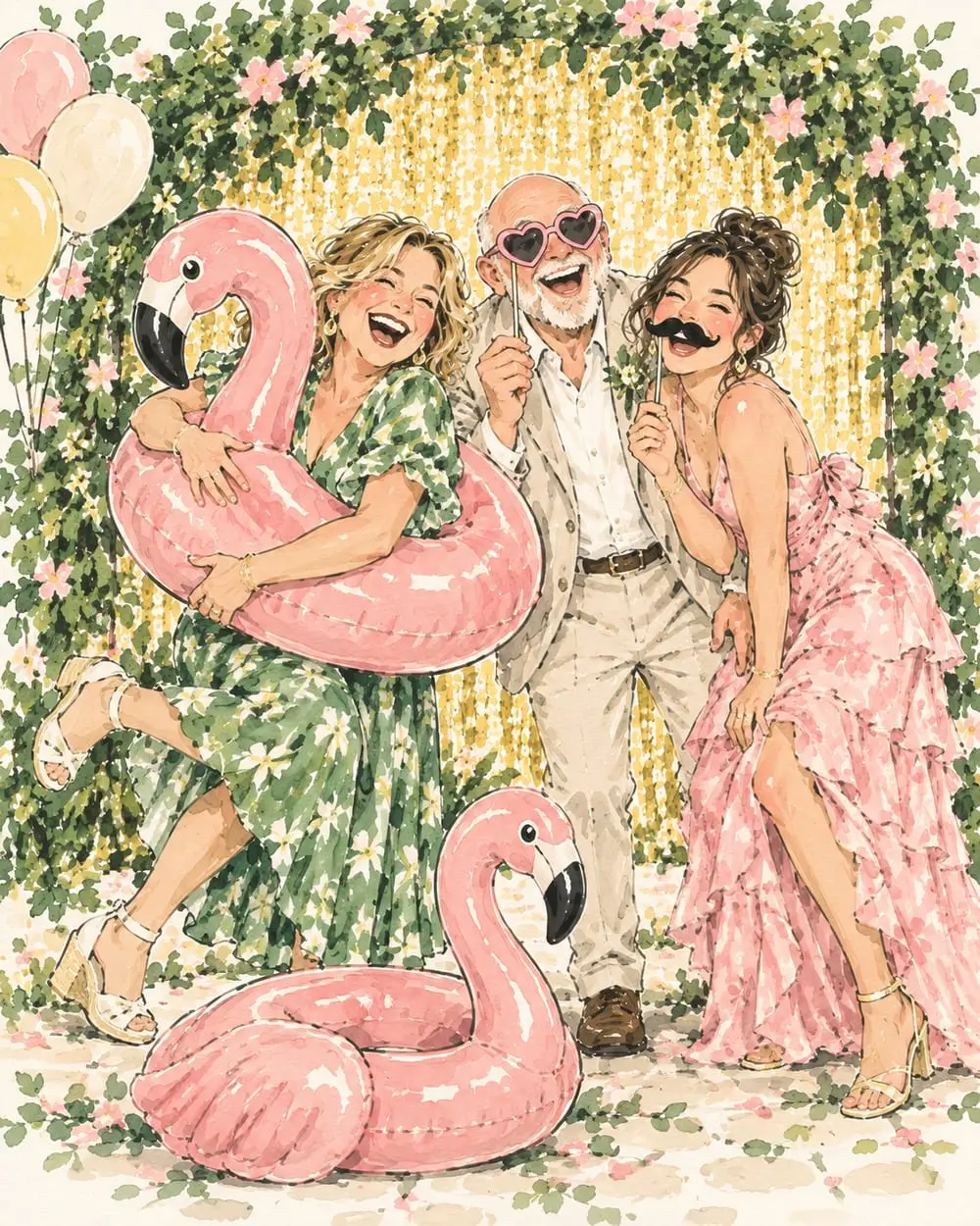 Viesi pozē pie foto sienas ar piepūšamu flamingo
