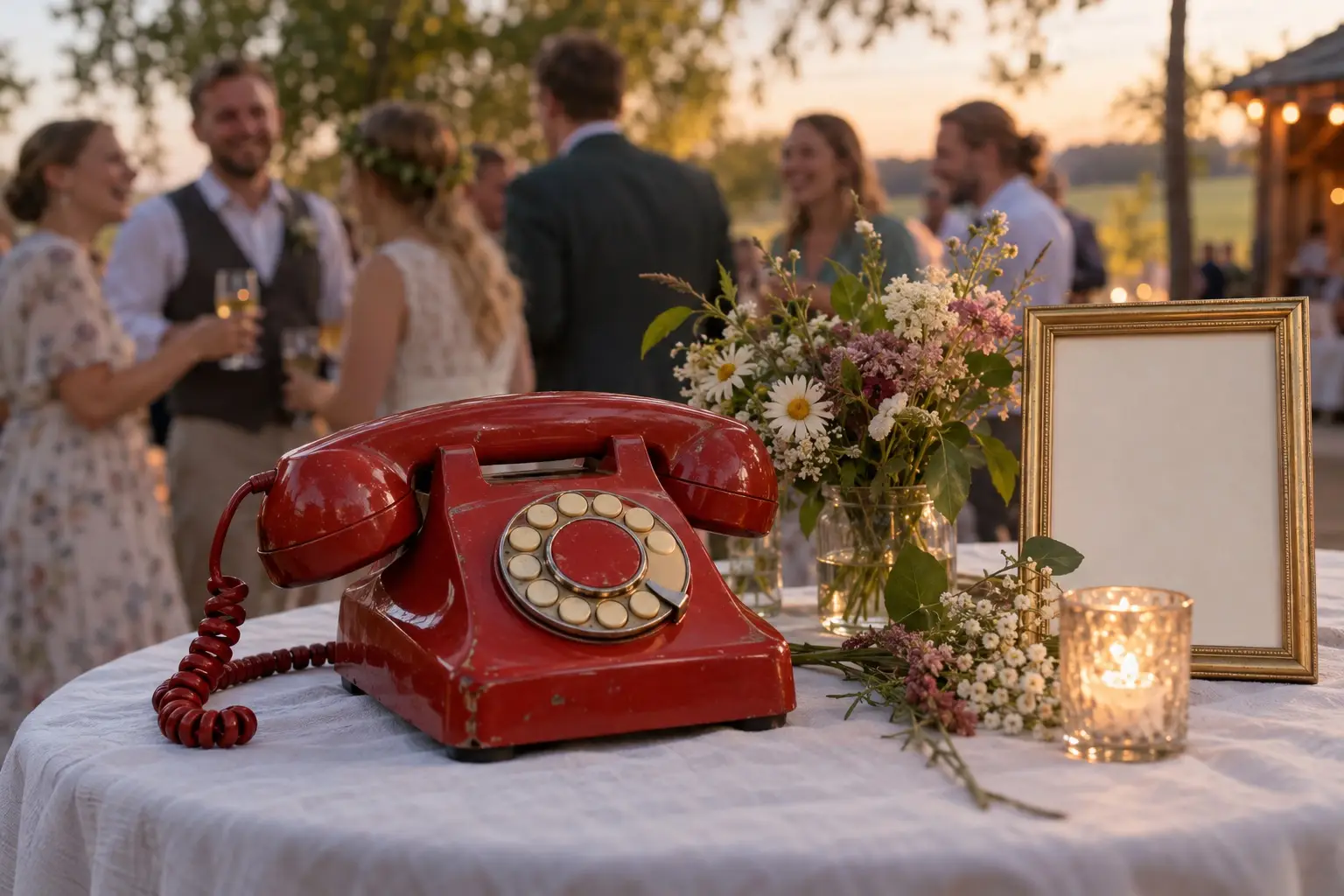 Sarkans retro telefons ar disku uz galda kāzu svinībās