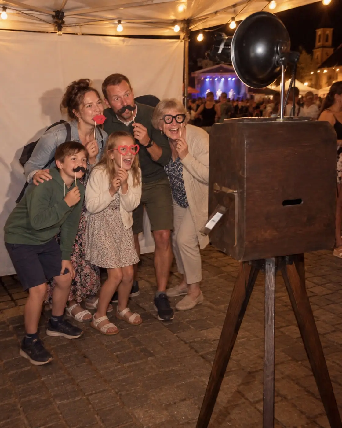 Ģimene ar bērniem un vecmāmiņu pozē foto kastei svētku teltī laukumā