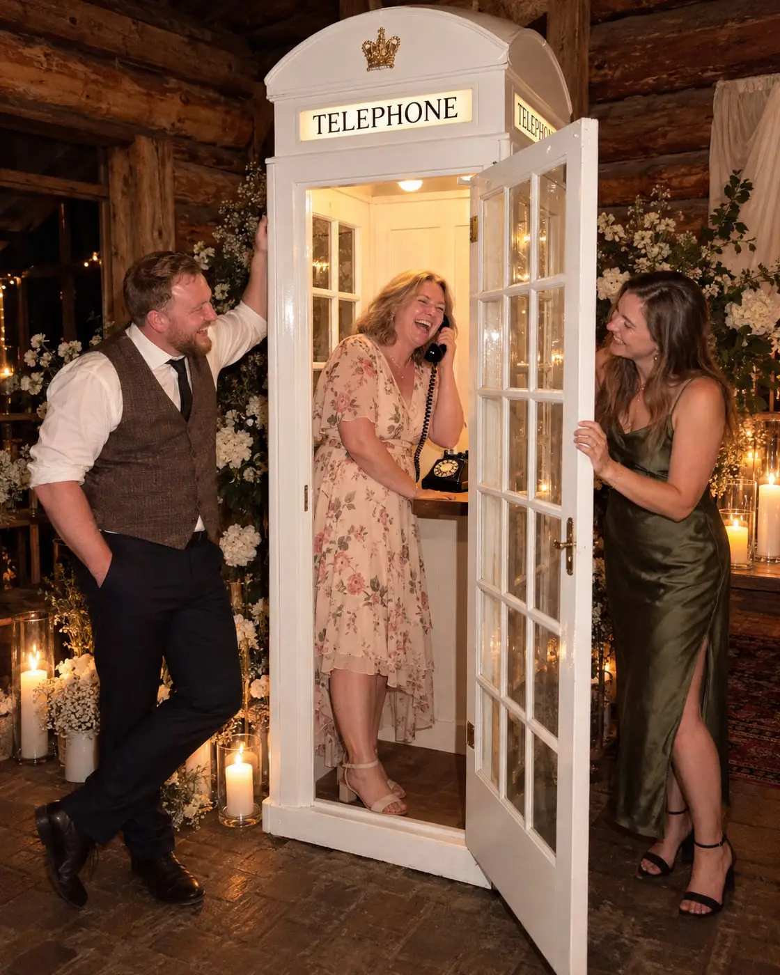 Kāzu viešņa smejas, runājot retro telefonā baltā telefonbūdiņā, draudzenes gaida pie durvīm